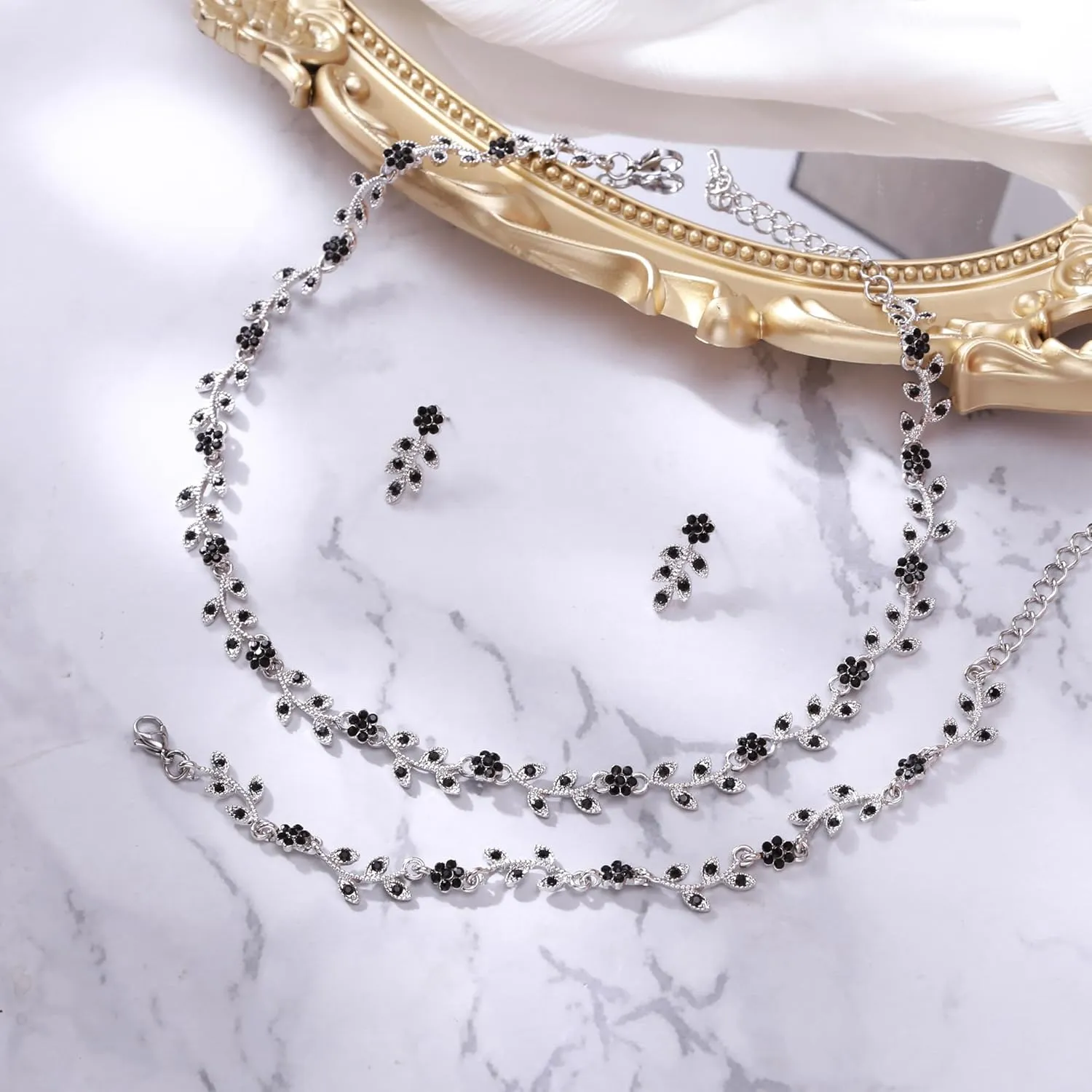 BriLove Wedding Jewelry Set for Women Bride, Gorgeous Stunning Crystal Flower Leaf Cluster Choker Necklace Link Bracelet Stud Earrings Bridal Bridesmaid