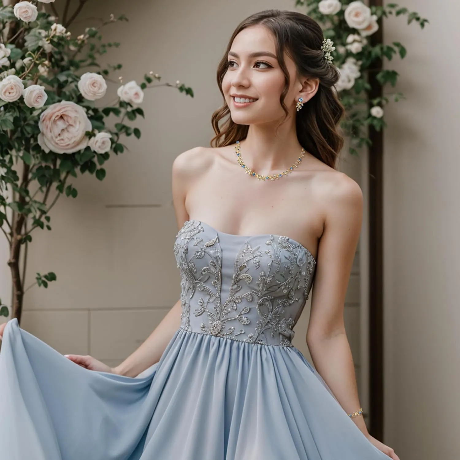 BriLove Wedding Jewelry Set for Women Bride, Gorgeous Stunning Crystal Flower Leaf Cluster Choker Necklace Link Bracelet Stud Earrings Bridal Bridesmaid