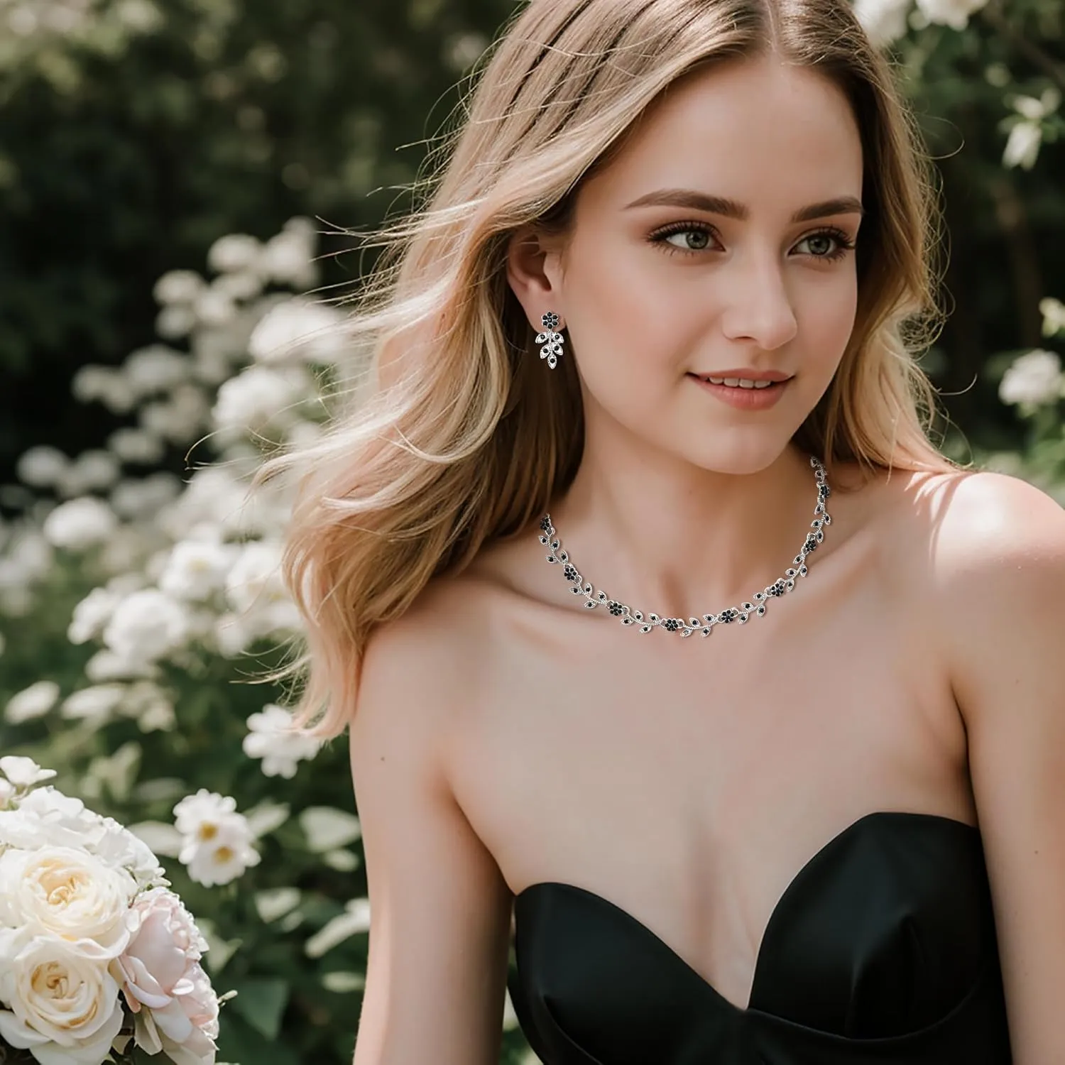 BriLove Wedding Jewelry Set for Women Bride, Gorgeous Stunning Crystal Flower Leaf Cluster Choker Necklace Link Bracelet Stud Earrings Bridal Bridesmaid