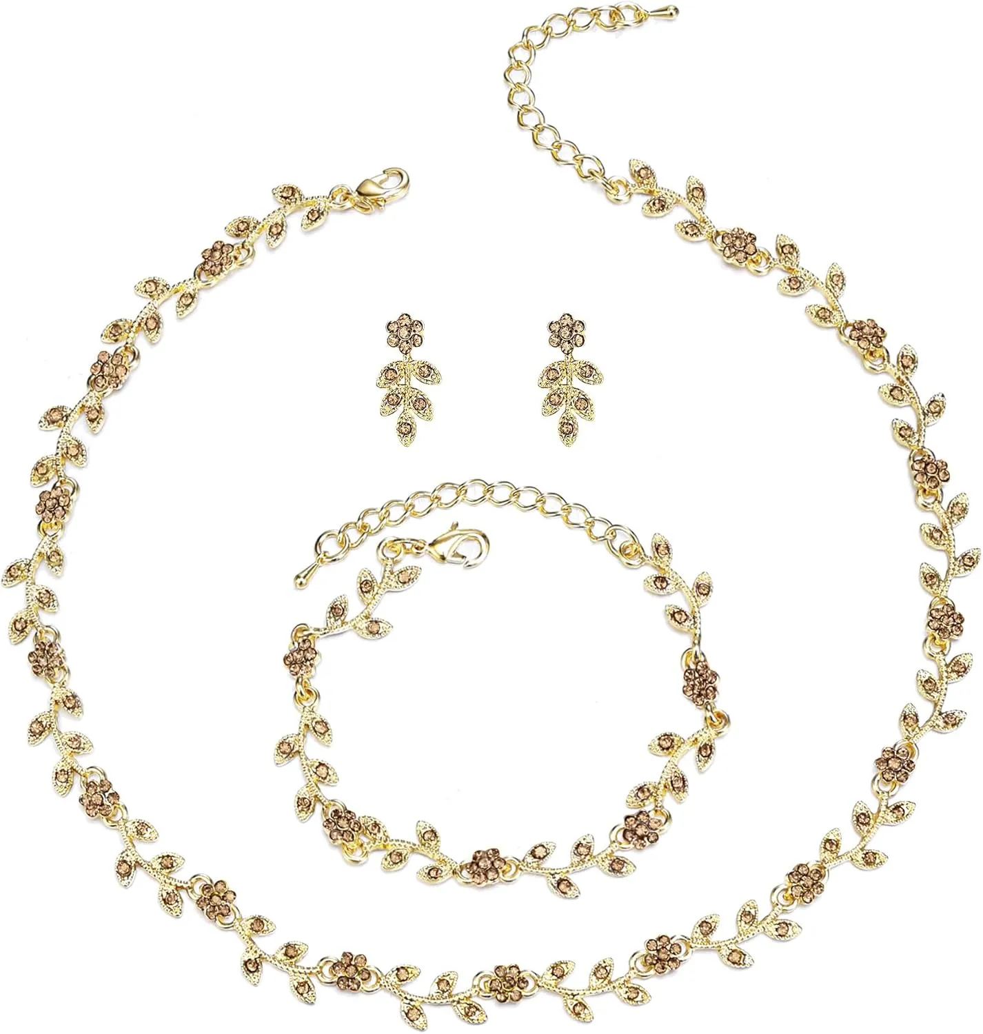 BriLove Wedding Jewelry Set for Women Bride, Gorgeous Stunning Crystal Flower Leaf Cluster Choker Necklace Link Bracelet Stud Earrings Bridal Bridesmaid