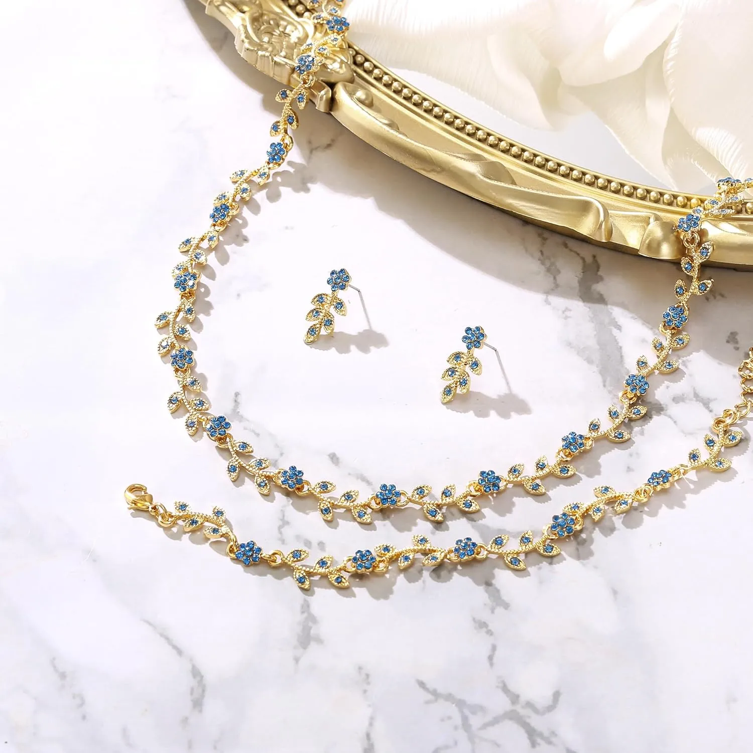 BriLove Wedding Jewelry Set for Women Bride, Gorgeous Stunning Crystal Flower Leaf Cluster Choker Necklace Link Bracelet Stud Earrings Bridal Bridesmaid