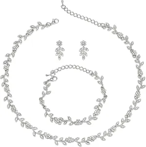 BriLove Wedding Jewelry Set for Women Bride, Gorgeous Stunning Crystal Flower Leaf Cluster Choker Necklace Link Bracelet Stud Earrings Bridal Bridesmaid
