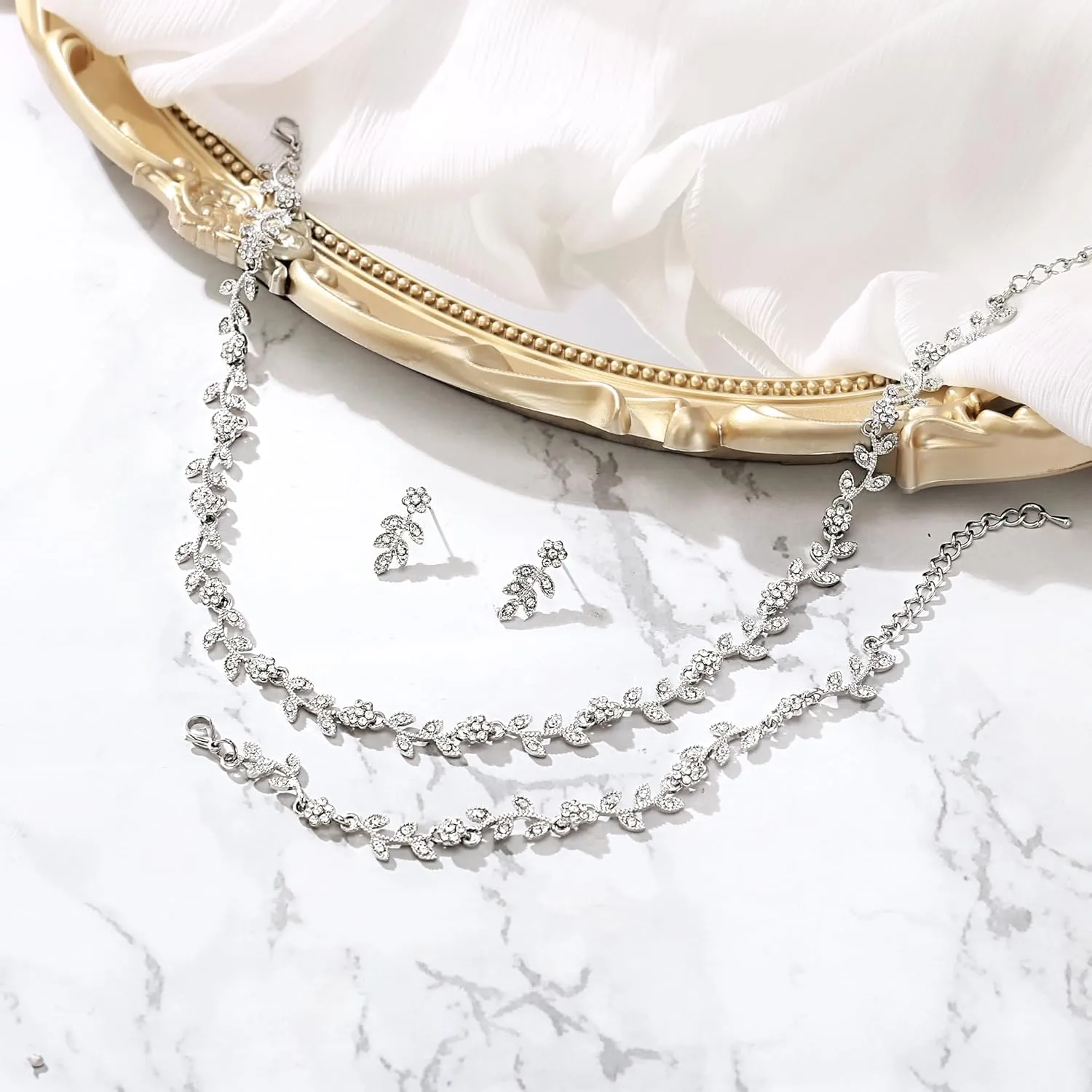 BriLove Wedding Jewelry Set for Women Bride, Gorgeous Stunning Crystal Flower Leaf Cluster Choker Necklace Link Bracelet Stud Earrings Bridal Bridesmaid