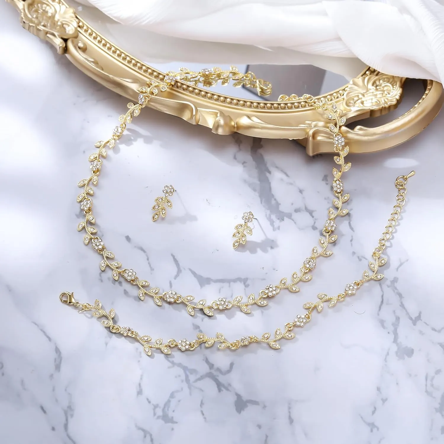 BriLove Wedding Jewelry Set for Women Bride, Gorgeous Stunning Crystal Flower Leaf Cluster Choker Necklace Link Bracelet Stud Earrings Bridal Bridesmaid