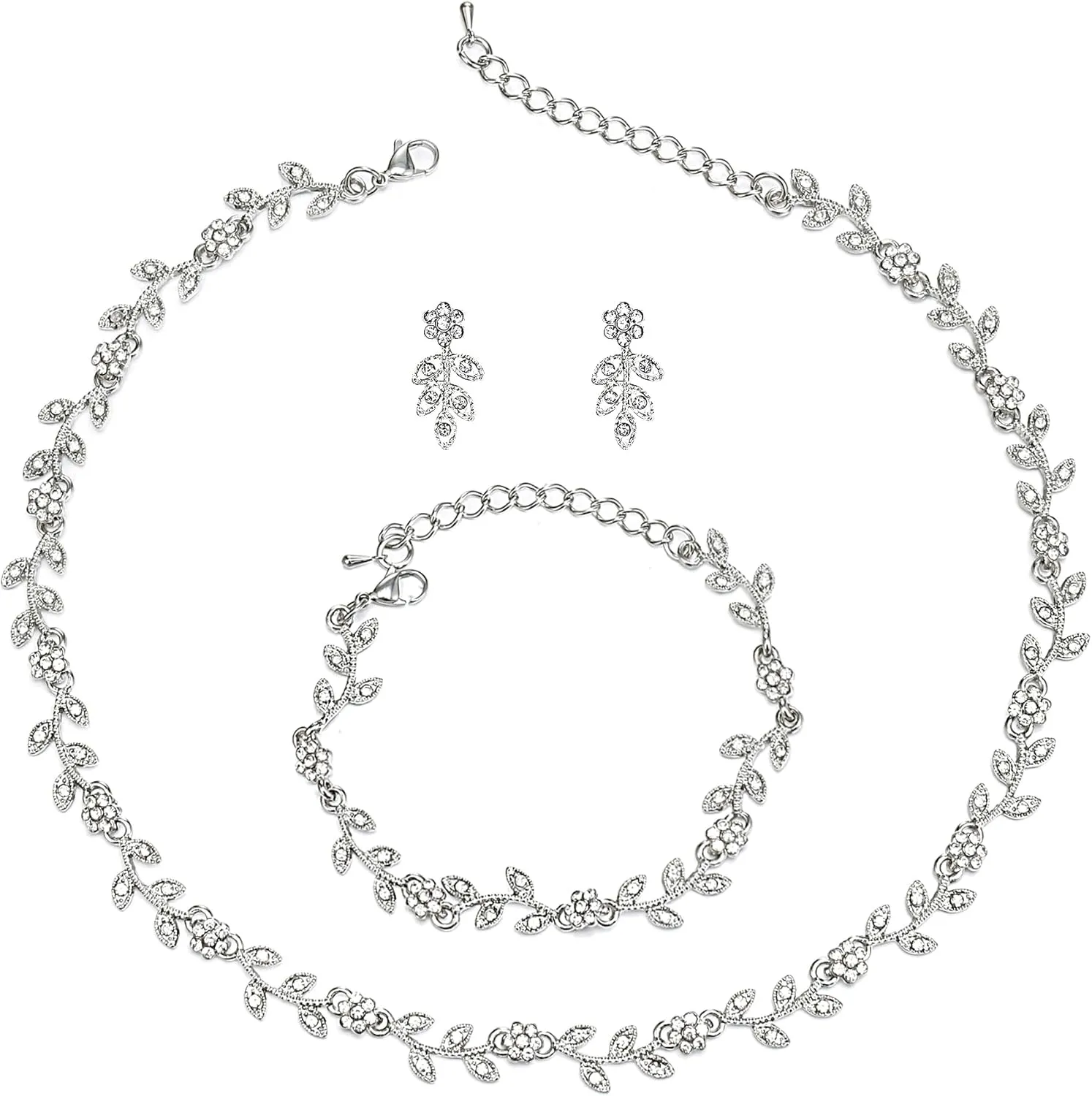 BriLove Wedding Jewelry Set for Women Bride, Gorgeous Stunning Crystal Flower Leaf Cluster Choker Necklace Link Bracelet Stud Earrings Bridal Bridesmaid