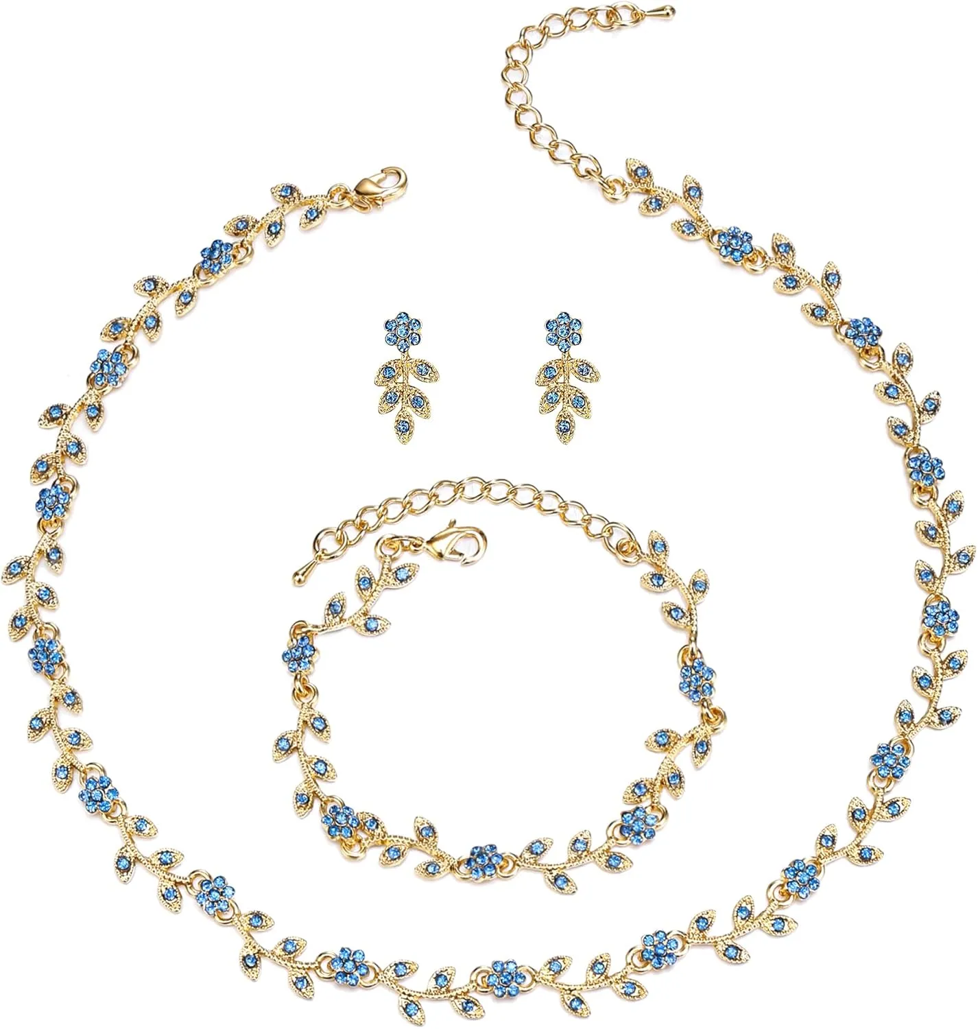 BriLove Wedding Jewelry Set for Women Bride, Gorgeous Stunning Crystal Flower Leaf Cluster Choker Necklace Link Bracelet Stud Earrings Bridal Bridesmaid