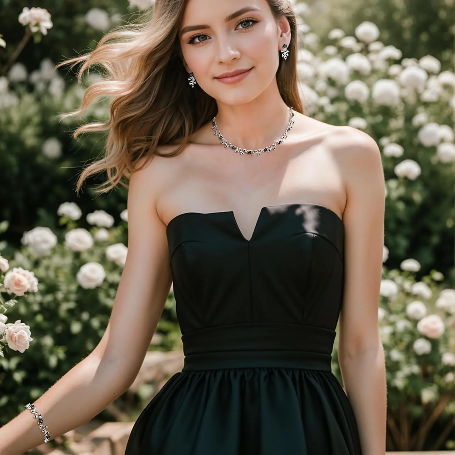BriLove Wedding Jewelry Set for Women Bride, Gorgeous Stunning Crystal Flower Leaf Cluster Choker Necklace Link Bracelet Stud Earrings Bridal Bridesmaid