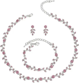 BriLove Wedding Jewelry Set for Women Bride, Gorgeous Stunning Crystal Flower Leaf Cluster Choker Necklace Link Bracelet Stud Earrings Bridal Bridesmaid