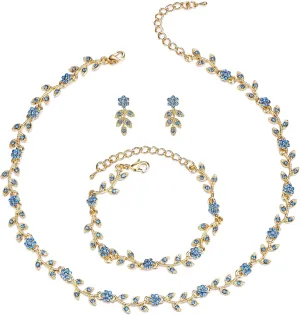 BriLove Wedding Jewelry Set for Women Bride, Gorgeous Stunning Crystal Flower Leaf Cluster Choker Necklace Link Bracelet Stud Earrings Bridal Bridesmaid