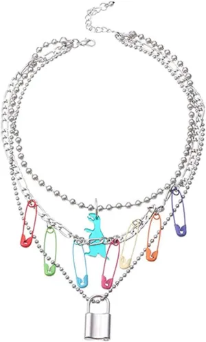 Butterfly Dinosaur Layered Pins Lock Pendants Chain Necklace Punk Layering Choker Indie Aesthetic Clavicle Chain Necklaces Adjustable Multilayer Chain Egirl Chokers Jewelry for Women Girls