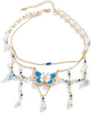 Butterfly Necklace Butterfly Tassel Layered Necklace for Women Colorful Bead Pearl Butterfly Choker Necklace Dainty Fairy Pendant Jewelry