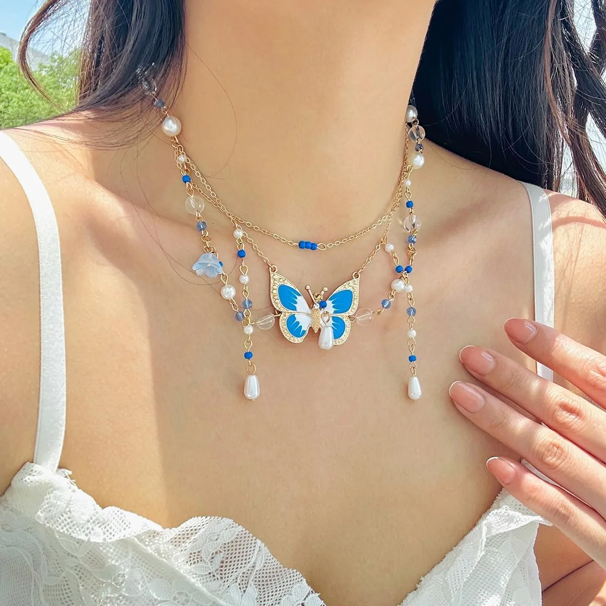 Butterfly Necklace Butterfly Tassel Layered Necklace for Women Colorful Bead Pearl Butterfly Choker Necklace Dainty Fairy Pendant Jewelry