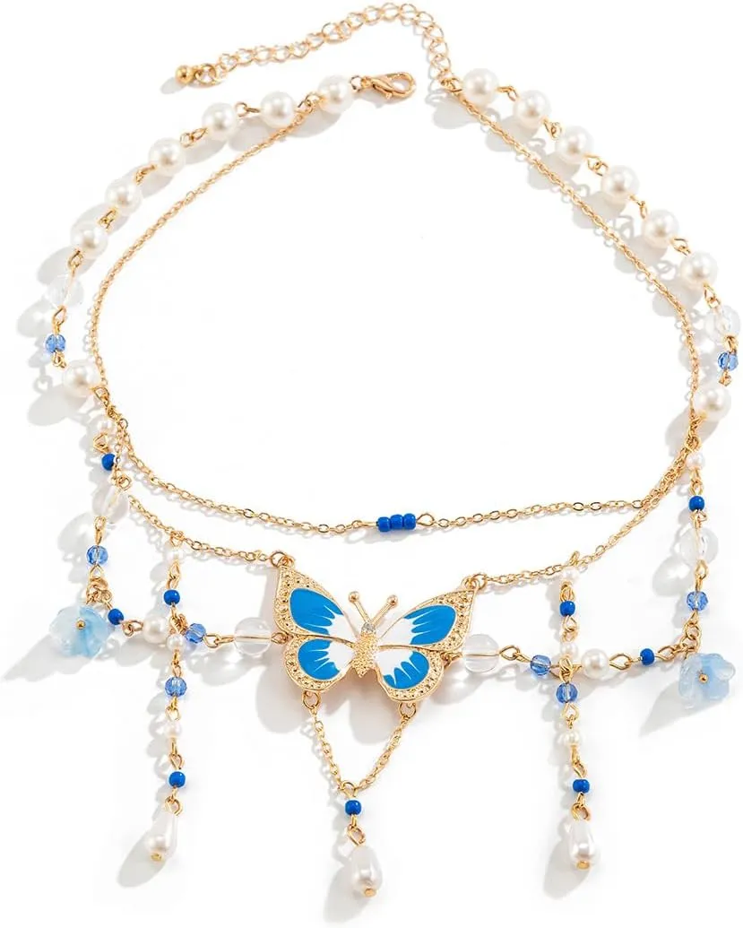 Butterfly Necklace Butterfly Tassel Layered Necklace for Women Colorful Bead Pearl Butterfly Choker Necklace Dainty Fairy Pendant Jewelry