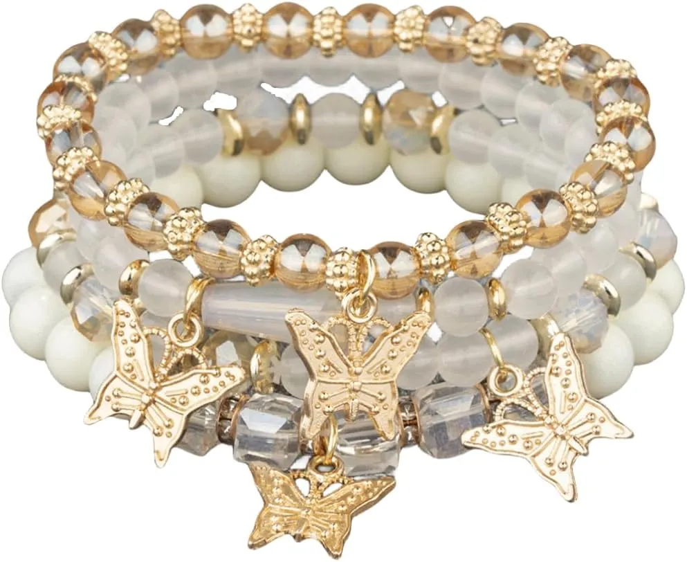 BZSFW 4Pcs Set Bohemian Butterfly Crystal Stone Stretch Pendant Bracelets for Women Gold Beaded Stackable Stretch Bracelet Colorful Charm Jewelry Boho Summer Beach