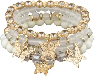 BZSFW 4Pcs Set Bohemian Butterfly Crystal Stone Stretch Pendant Bracelets for Women Gold Beaded Stackable Stretch Bracelet Colorful Charm Jewelry Boho Summer Beach
