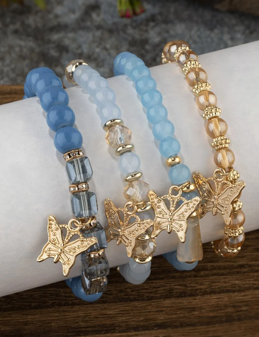 BZSFW 4Pcs Set Bohemian Butterfly Crystal Stone Stretch Pendant Bracelets for Women Gold Beaded Stackable Stretch Bracelet Colorful Charm Jewelry Boho Summer Beach