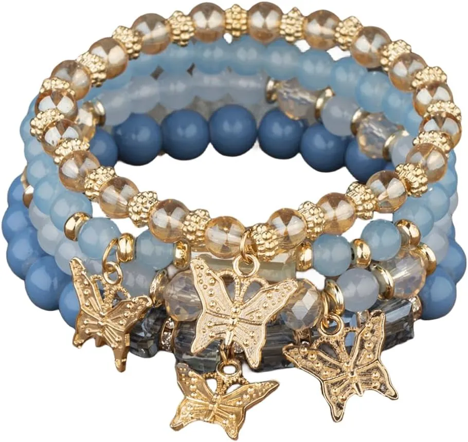BZSFW 4Pcs Set Bohemian Butterfly Crystal Stone Stretch Pendant Bracelets for Women Gold Beaded Stackable Stretch Bracelet Colorful Charm Jewelry Boho Summer Beach