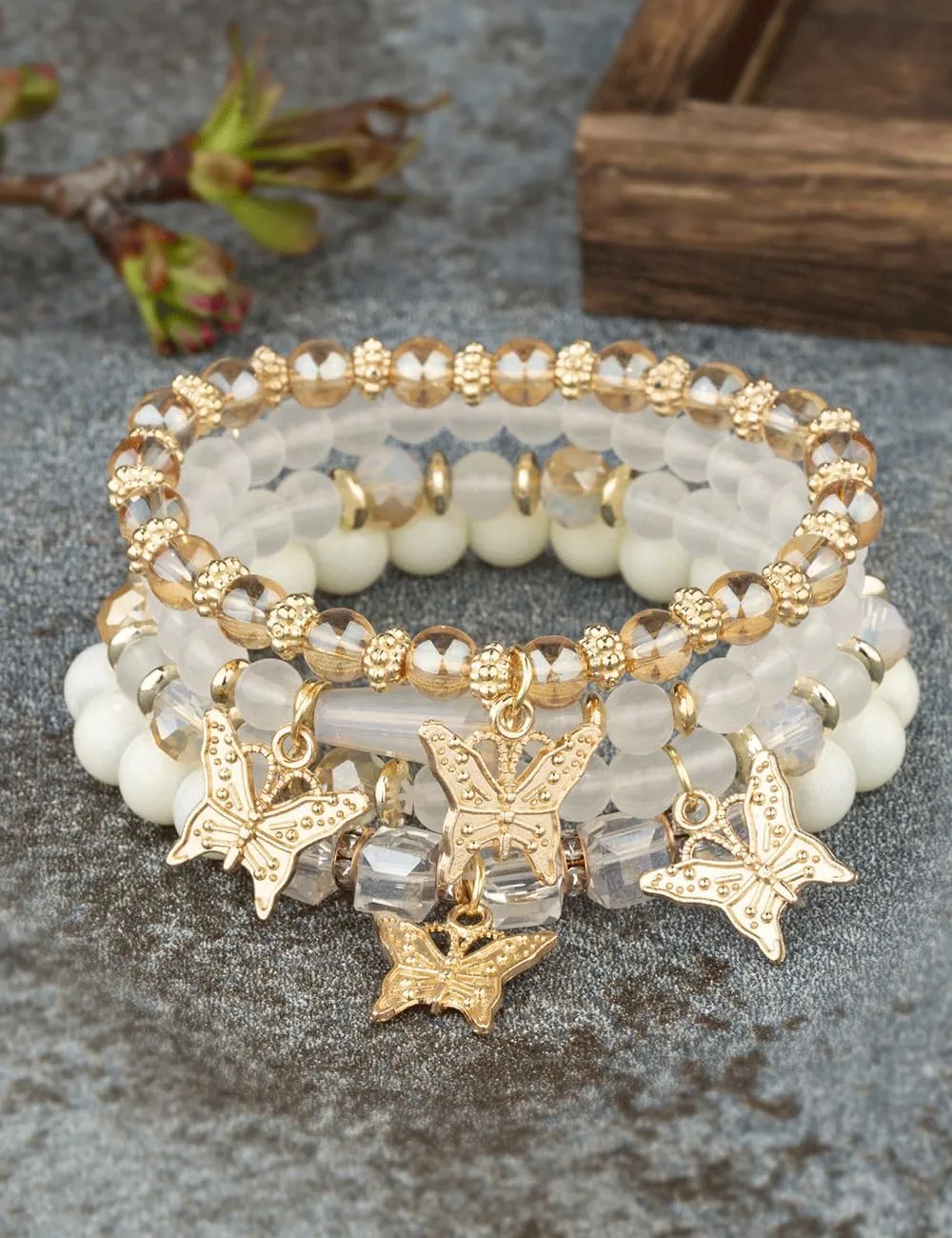 BZSFW 4Pcs Set Bohemian Butterfly Crystal Stone Stretch Pendant Bracelets for Women Gold Beaded Stackable Stretch Bracelet Colorful Charm Jewelry Boho Summer Beach