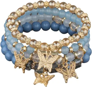BZSFW 4Pcs Set Bohemian Butterfly Crystal Stone Stretch Pendant Bracelets for Women Gold Beaded Stackable Stretch Bracelet Colorful Charm Jewelry Boho Summer Beach