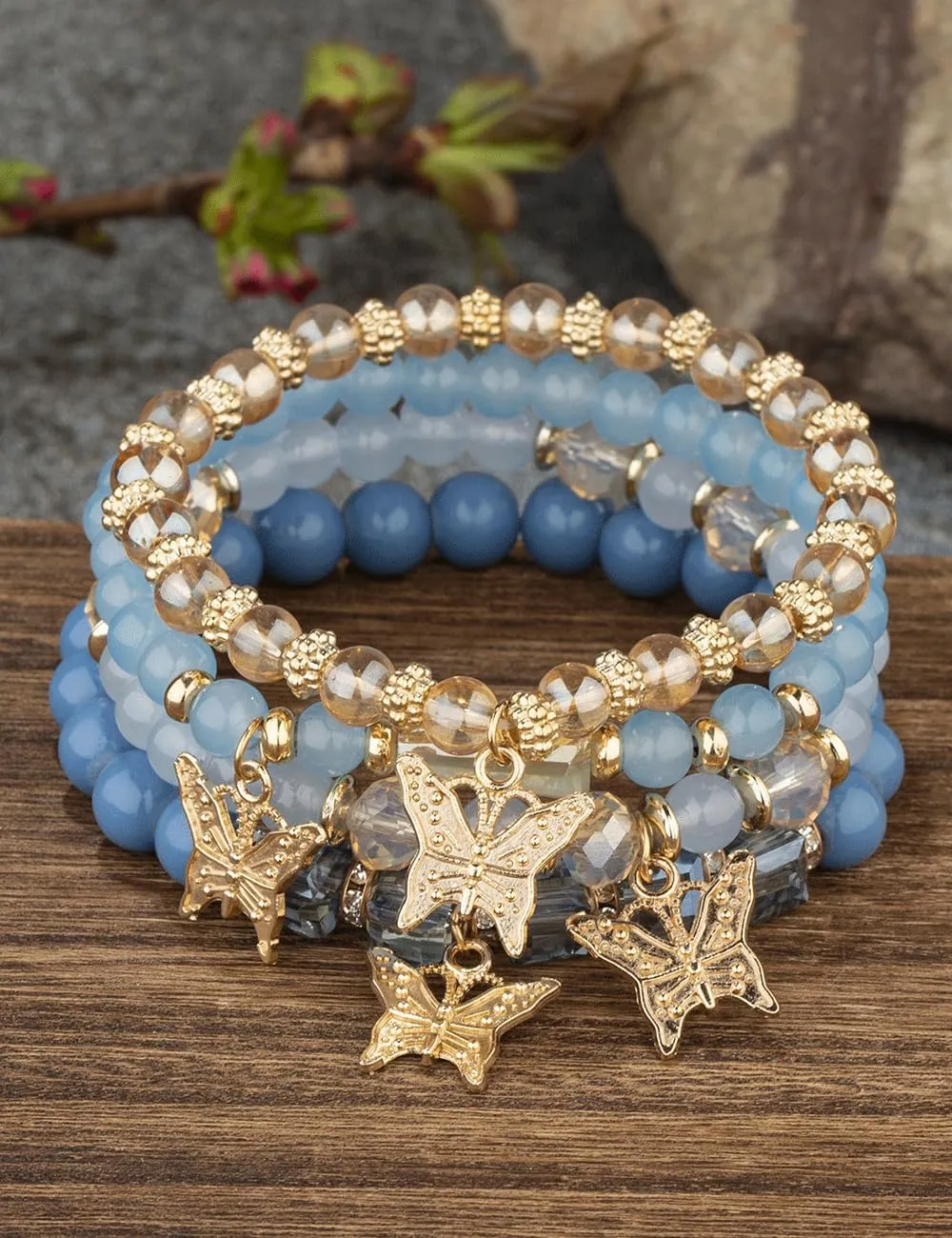 BZSFW 4Pcs Set Bohemian Butterfly Crystal Stone Stretch Pendant Bracelets for Women Gold Beaded Stackable Stretch Bracelet Colorful Charm Jewelry Boho Summer Beach