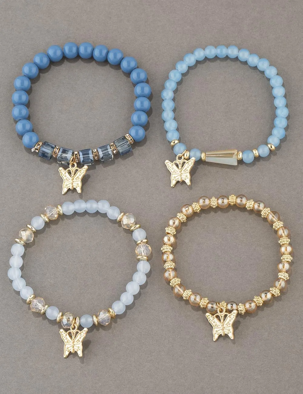 BZSFW 4Pcs Set Bohemian Butterfly Crystal Stone Stretch Pendant Bracelets for Women Gold Beaded Stackable Stretch Bracelet Colorful Charm Jewelry Boho Summer Beach