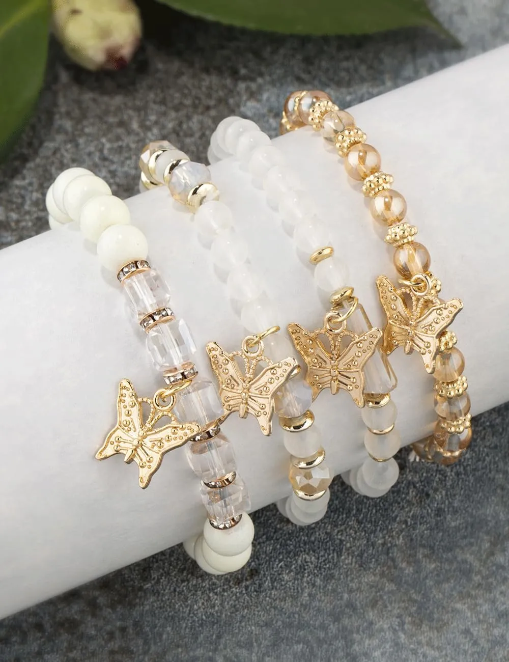 BZSFW 4Pcs Set Bohemian Butterfly Crystal Stone Stretch Pendant Bracelets for Women Gold Beaded Stackable Stretch Bracelet Colorful Charm Jewelry Boho Summer Beach