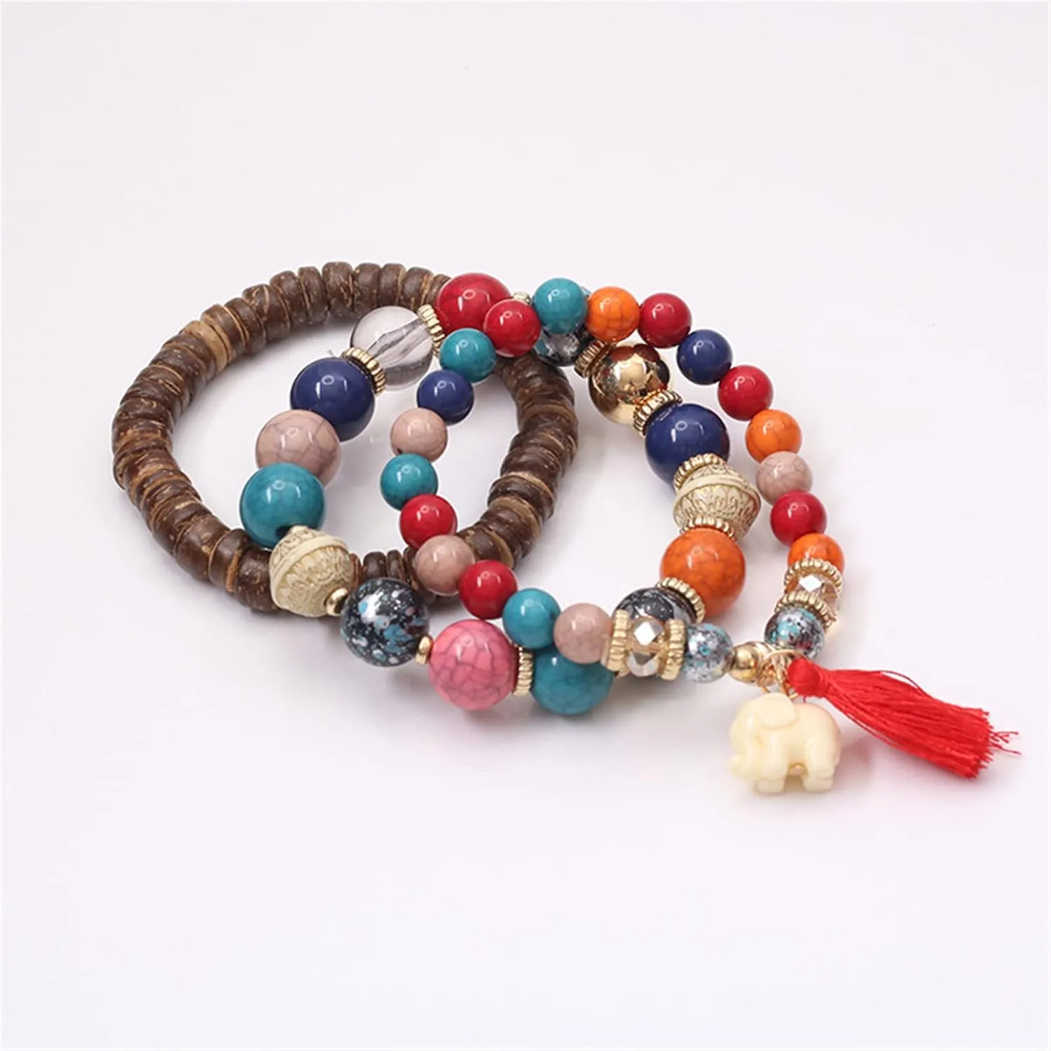Caiyao Bohemian Stackable Wood Wooden Beads Elephant Charm Tassel Stretchy Bracelet Set for Women Men Multilayered Multicolor Acrylic Resin Seeds Bracelet Ethnic Jewelry Gift