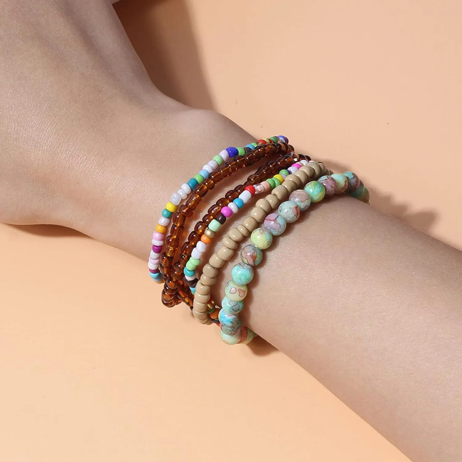 Caiyao Handmade Stackable Colorful Beads 5-6pcs Adjustable Muilty-Layered Bracelets Set for Women Boho Multicolor Seed Stretch Wristbands Bohemian Summer Jewelry