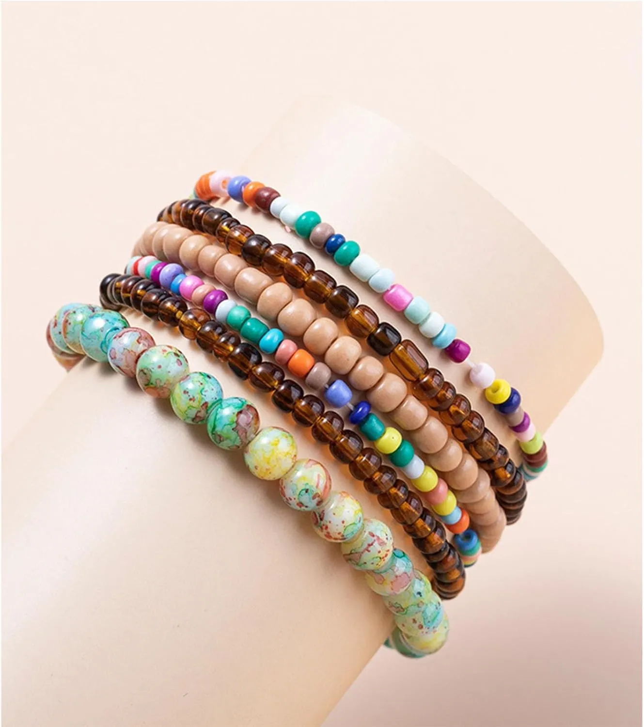 Caiyao Handmade Stackable Colorful Beads 5-6pcs Adjustable Muilty-Layered Bracelets Set for Women Boho Multicolor Seed Stretch Wristbands Bohemian Summer Jewelry