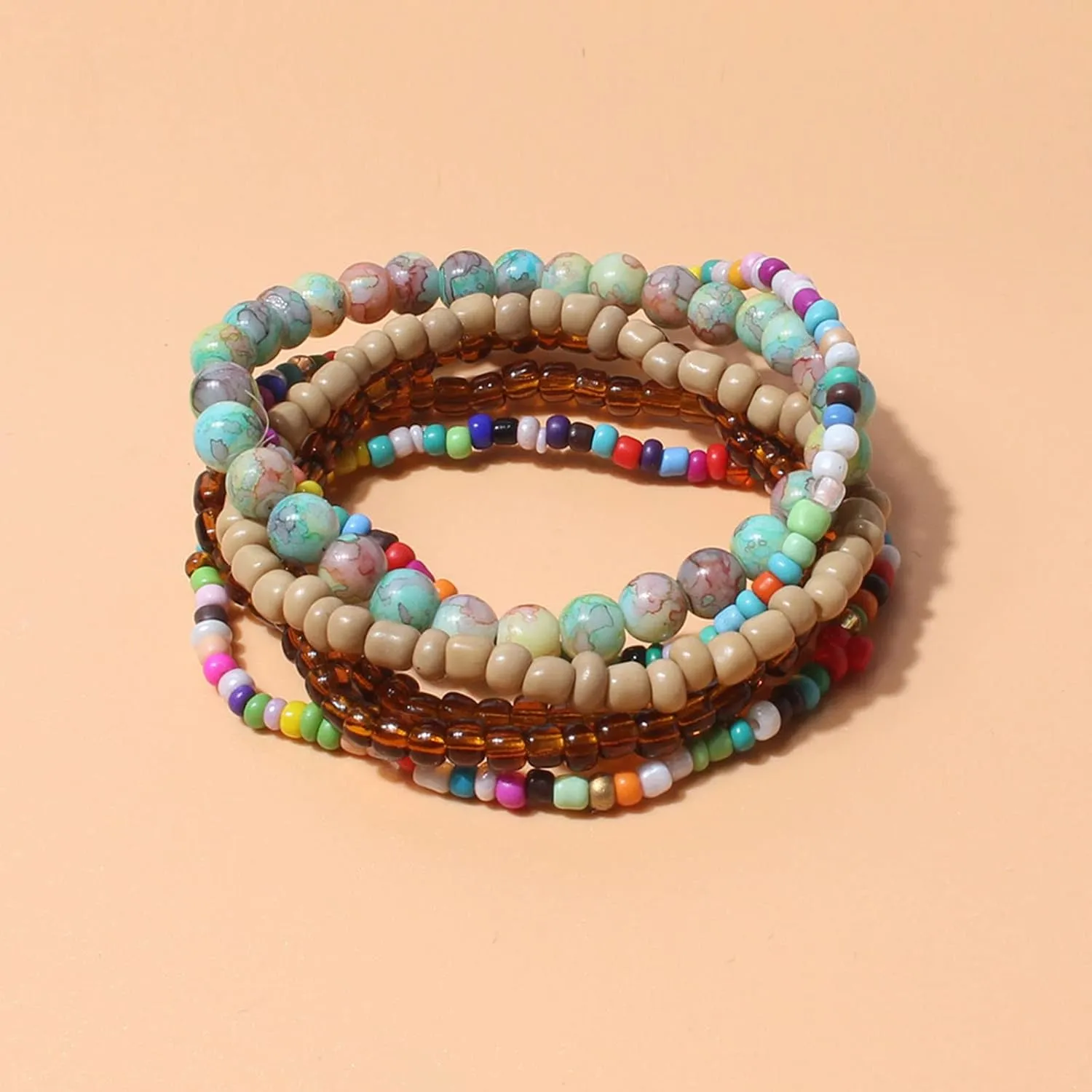 Caiyao Handmade Stackable Colorful Beads 5-6pcs Adjustable Muilty-Layered Bracelets Set for Women Boho Multicolor Seed Stretch Wristbands Bohemian Summer Jewelry