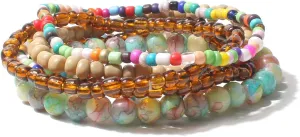Caiyao Handmade Stackable Colorful Beads 5-6pcs Adjustable Muilty-Layered Bracelets Set for Women Boho Multicolor Seed Stretch Wristbands Bohemian Summer Jewelry