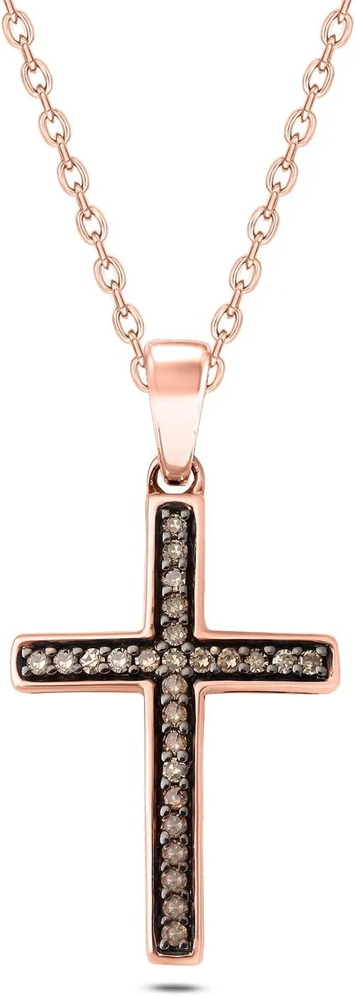 Cali Trove Champagne Diamond Cross Pendant Necklace | 1/10 Carat Natural Champagne Diamonds in 10KT Rose Gold | Black Rhodium Accents | Jewelry Gifts for Women | Faith-Inspired Jewelry for Her