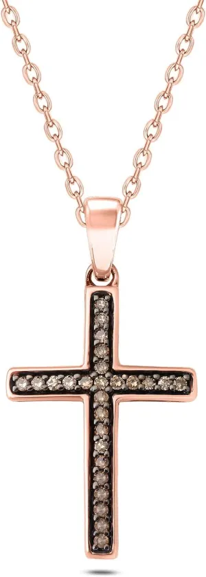 Cali Trove Champagne Diamond Cross Pendant Necklace | 1/10 Carat Natural Champagne Diamonds in 10KT Rose Gold | Black Rhodium Accents | Jewelry Gifts for Women | Faith-Inspired Jewelry for Her