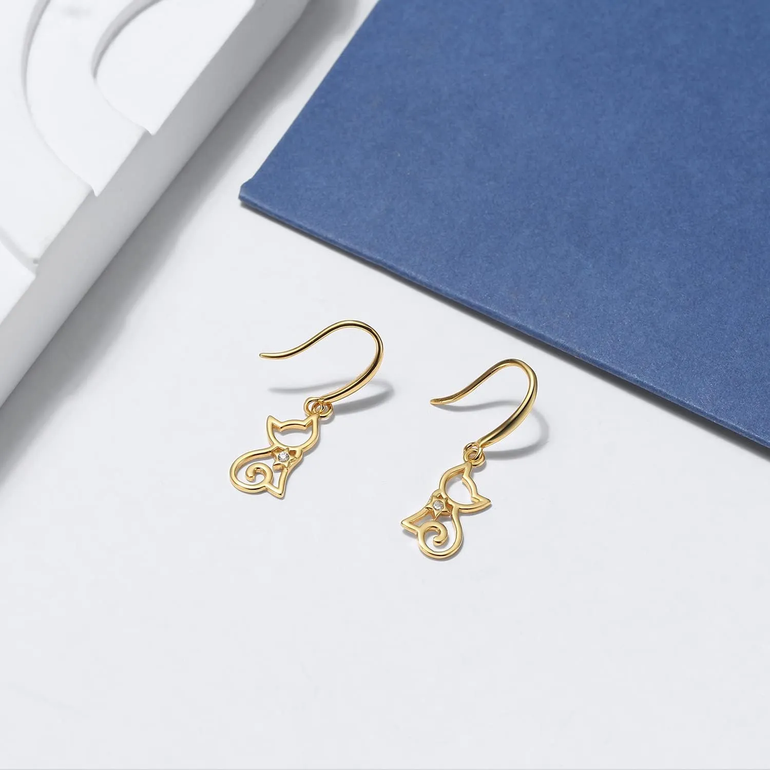 Cat Dangle Earrings For Women by Ginger Lyne | Clear Cubic Zirconia White Gold over Sterling Silver Pierced Kitty Ear Rings for Her | Pet Lovers Fashion Jewelry Gifts for Kitten Mom