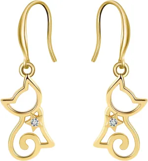 Cat Dangle Earrings For Women by Ginger Lyne | Clear Cubic Zirconia White Gold over Sterling Silver Pierced Kitty Ear Rings for Her | Pet Lovers Fashion Jewelry Gifts for Kitten Mom