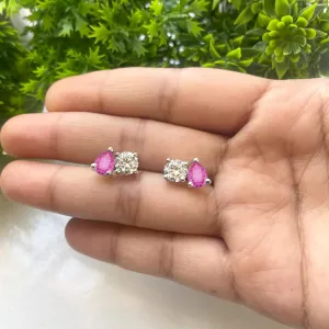 Certified Round Cut Moissanite And Pear Cut Pink Sapphire Two Stone Stud Earrings For Women, 14K Rose Gold Plated Silver 2 Stone Moissanite Earrings