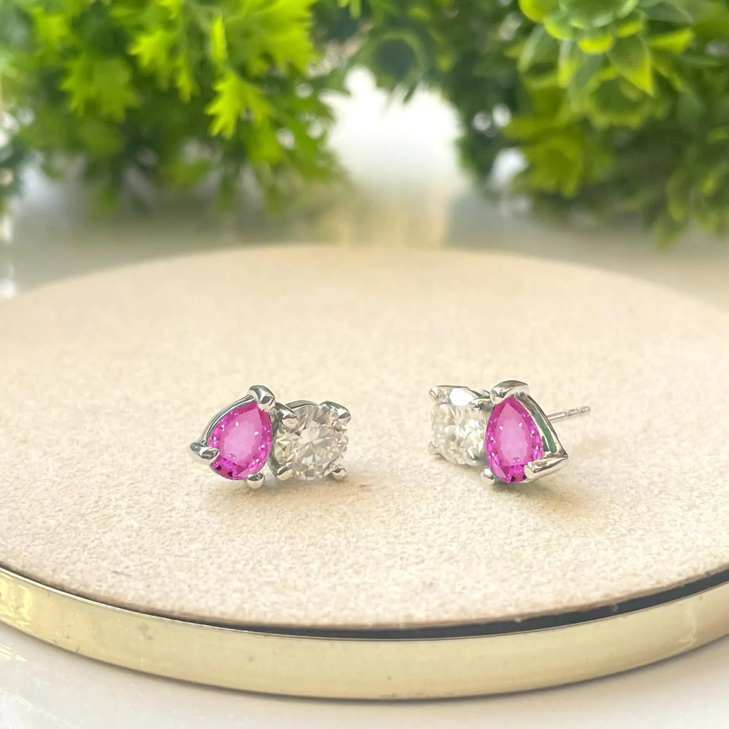 Certified Round Cut Moissanite And Pear Cut Pink Sapphire Two Stone Stud Earrings For Women, 14K Rose Gold Plated Silver 2 Stone Moissanite Earrings