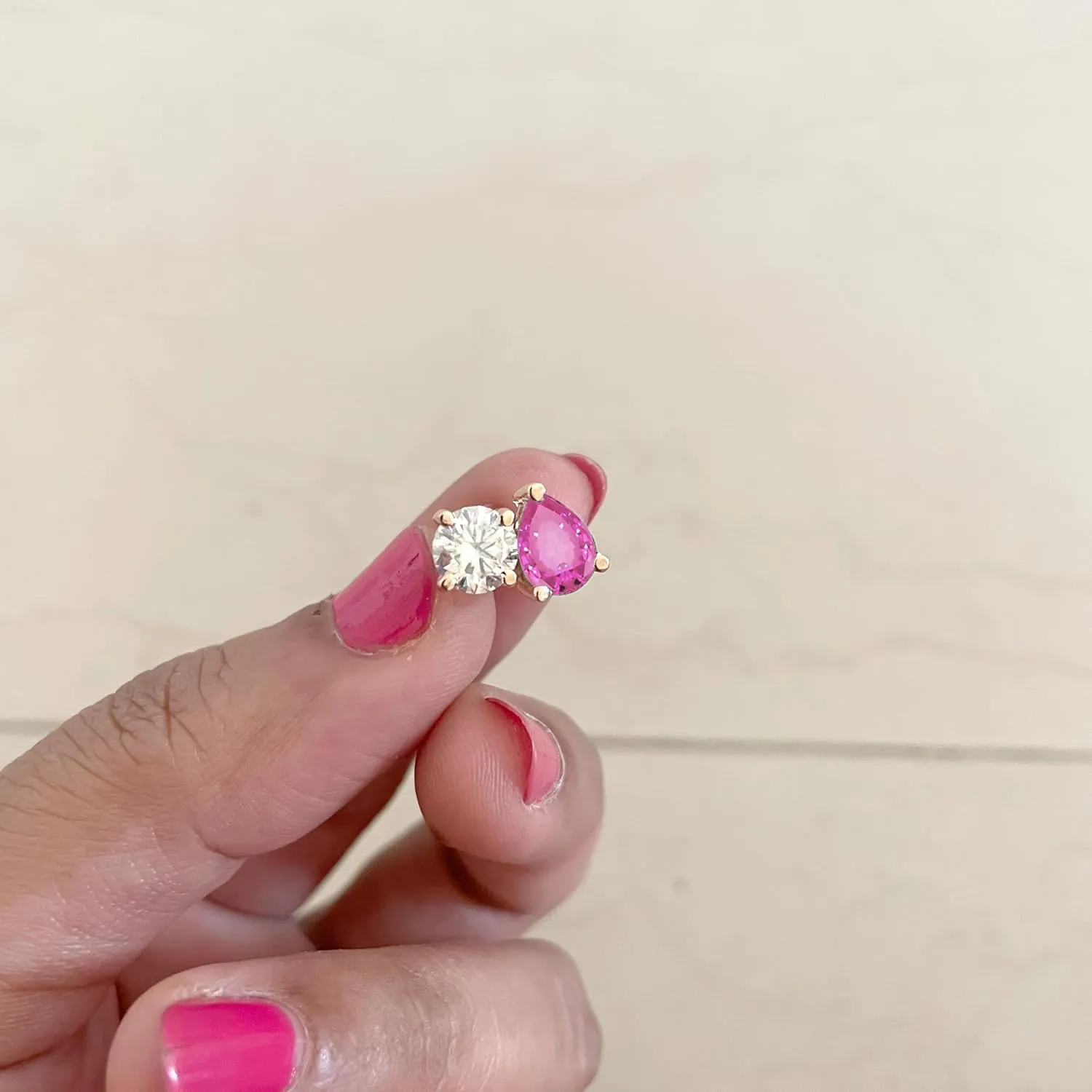 Certified Round Cut Moissanite And Pear Cut Pink Sapphire Two Stone Stud Earrings For Women, 14K Rose Gold Plated Silver 2 Stone Moissanite Earrings