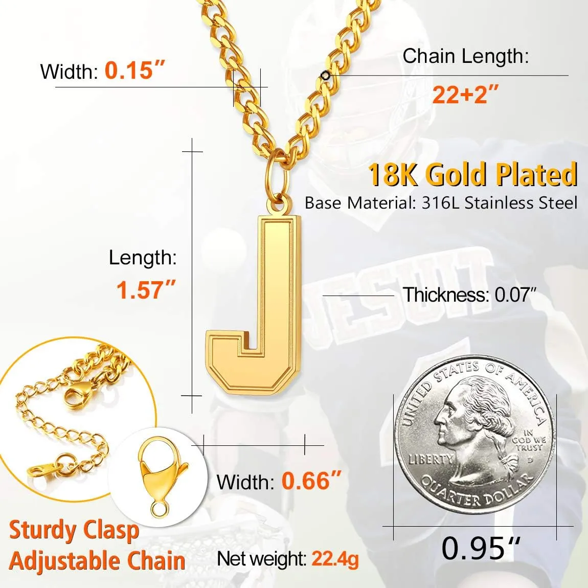 ChainsPro Men/Women Stunning Monogram Letter Necklace, A to Z Initial Charm with Chain-22 2"-Adjustable, 316L Stainless Steel/Gold Plated/Black (Send Gift Box)