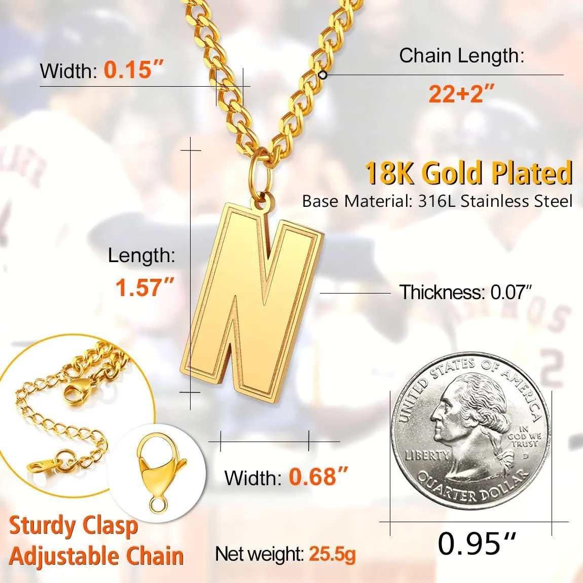 ChainsPro Men/Women Stunning Monogram Letter Necklace, A to Z Initial Charm with Chain-22 2"-Adjustable, 316L Stainless Steel/Gold Plated/Black (Send Gift Box)