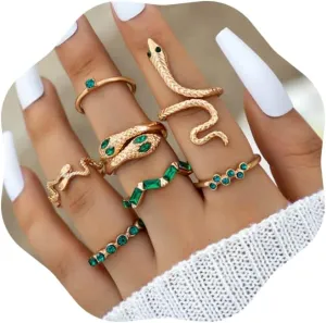 Chargances 7pcs Vintage Gold Snake Knuckle Rings Set Boho Green Rhinestone Finger Rings Stackable Gemstone Joint Rings for Women(Style 3)