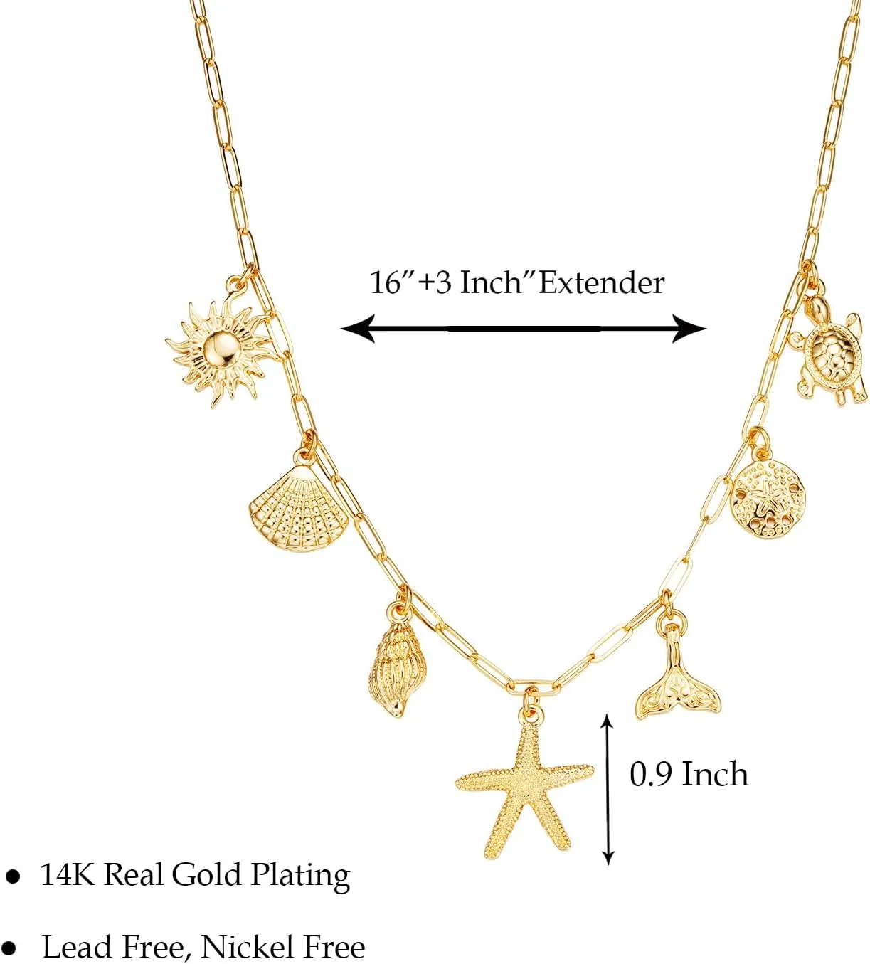 Charm Necklace for Women, 14K Gold Plated Shell Sun Starfish Summer Beach Necklace 16 3" Paperclip Chain Jewelry Gifts
