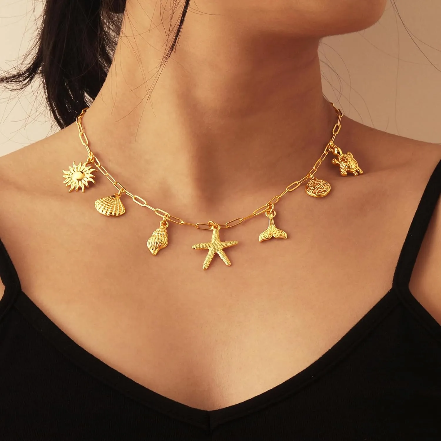 Charm Necklace for Women, 14K Gold Plated Shell Sun Starfish Summer Beach Necklace 16 3" Paperclip Chain Jewelry Gifts
