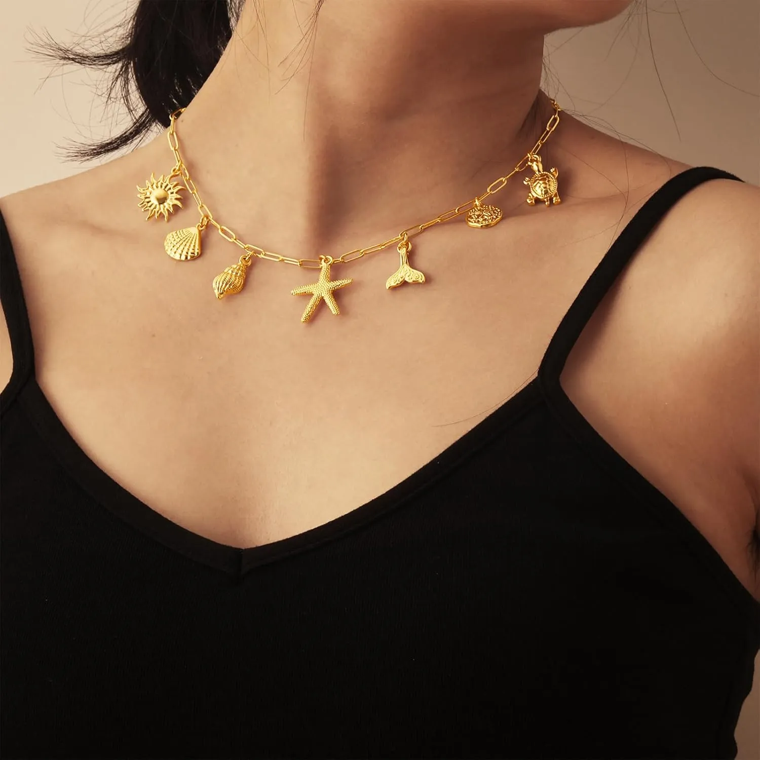 Charm Necklace for Women, 14K Gold Plated Shell Sun Starfish Summer Beach Necklace 16 3" Paperclip Chain Jewelry Gifts