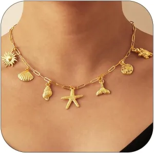 Charm Necklace for Women, 14K Gold Plated Shell Sun Starfish Summer Beach Necklace 16 3" Paperclip Chain Jewelry Gifts