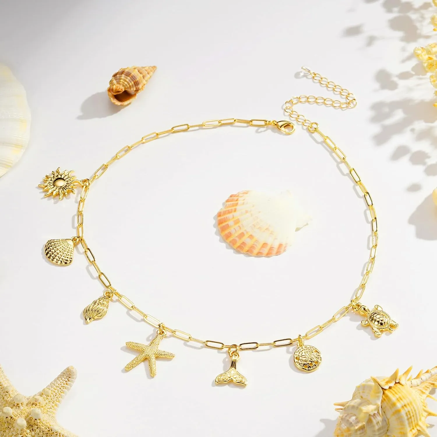 Charm Necklace for Women, 14K Gold Plated Shell Sun Starfish Summer Beach Necklace 16 3" Paperclip Chain Jewelry Gifts