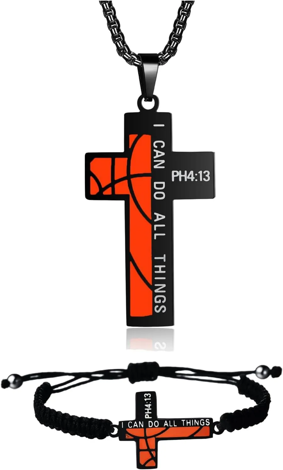 Charm Personalized Stainless Steel Basketball Cross Pendant Necklace I CAN DO All Things Jewelry Set for Men Bible Sport Rope Bracelet Gift