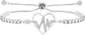 Charming Hollow Love Heart Bolo Bracelet with Arrow Heartbeat Pattern, Exquisite Women's Zircon Tennis Bracelet, Wedding Birthday Gift for Mother, Sisters and Girlfriend YA4923
