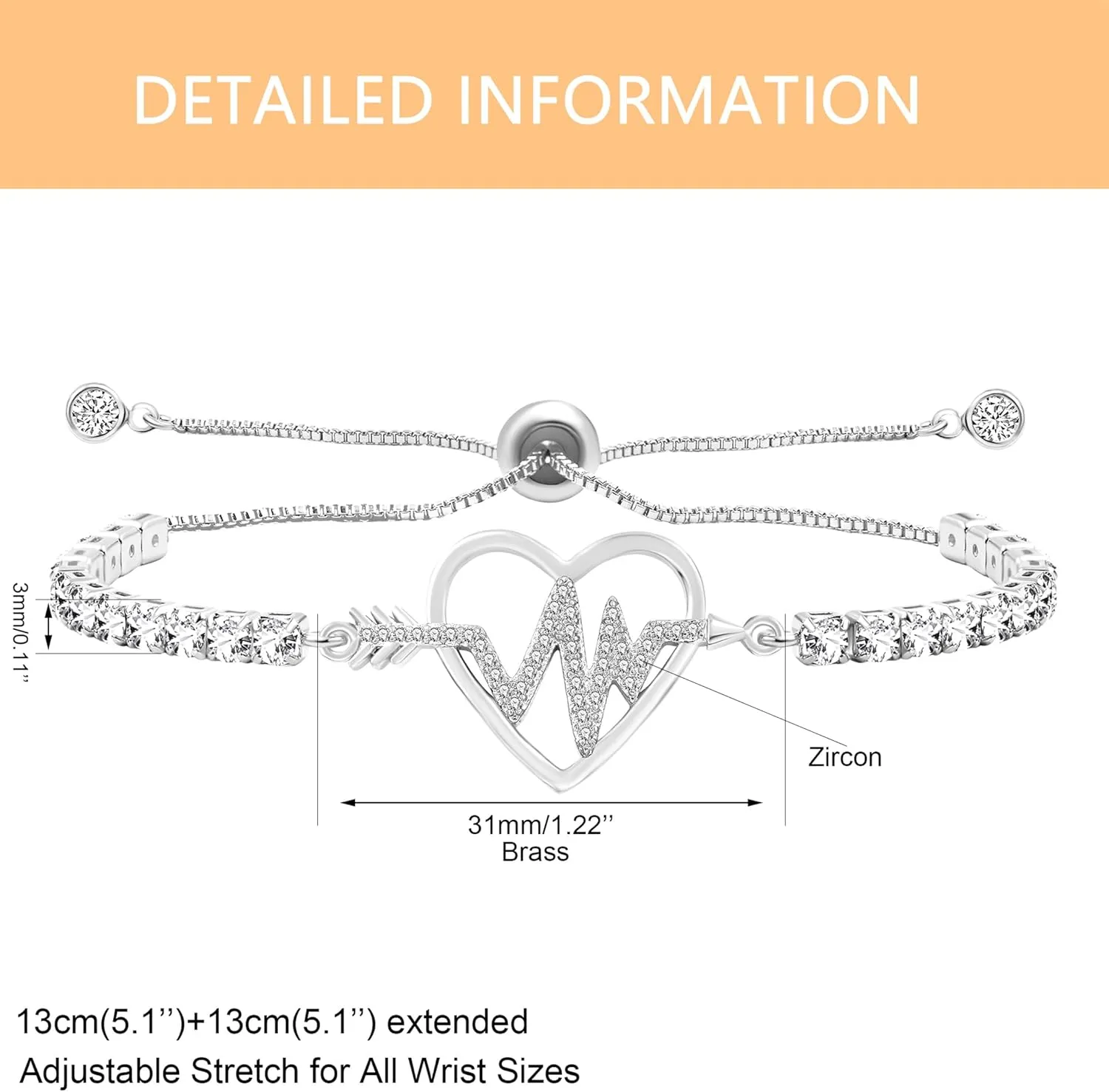 Charming Hollow Love Heart Bolo Bracelet with Arrow Heartbeat Pattern, Exquisite Women's Zircon Tennis Bracelet, Wedding Birthday Gift for Mother, Sisters and Girlfriend YA4923