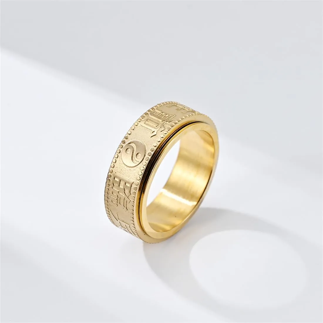 Chinese Style Bagua Rotating Stainless Steel Ring, Retro Style Bagua Titanium Steel Rotating Ring,Gold,10